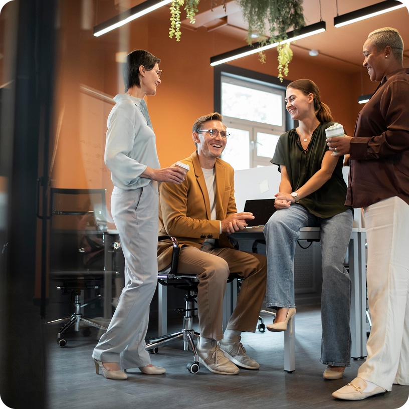 full shot people discussing work full shot people discussing work