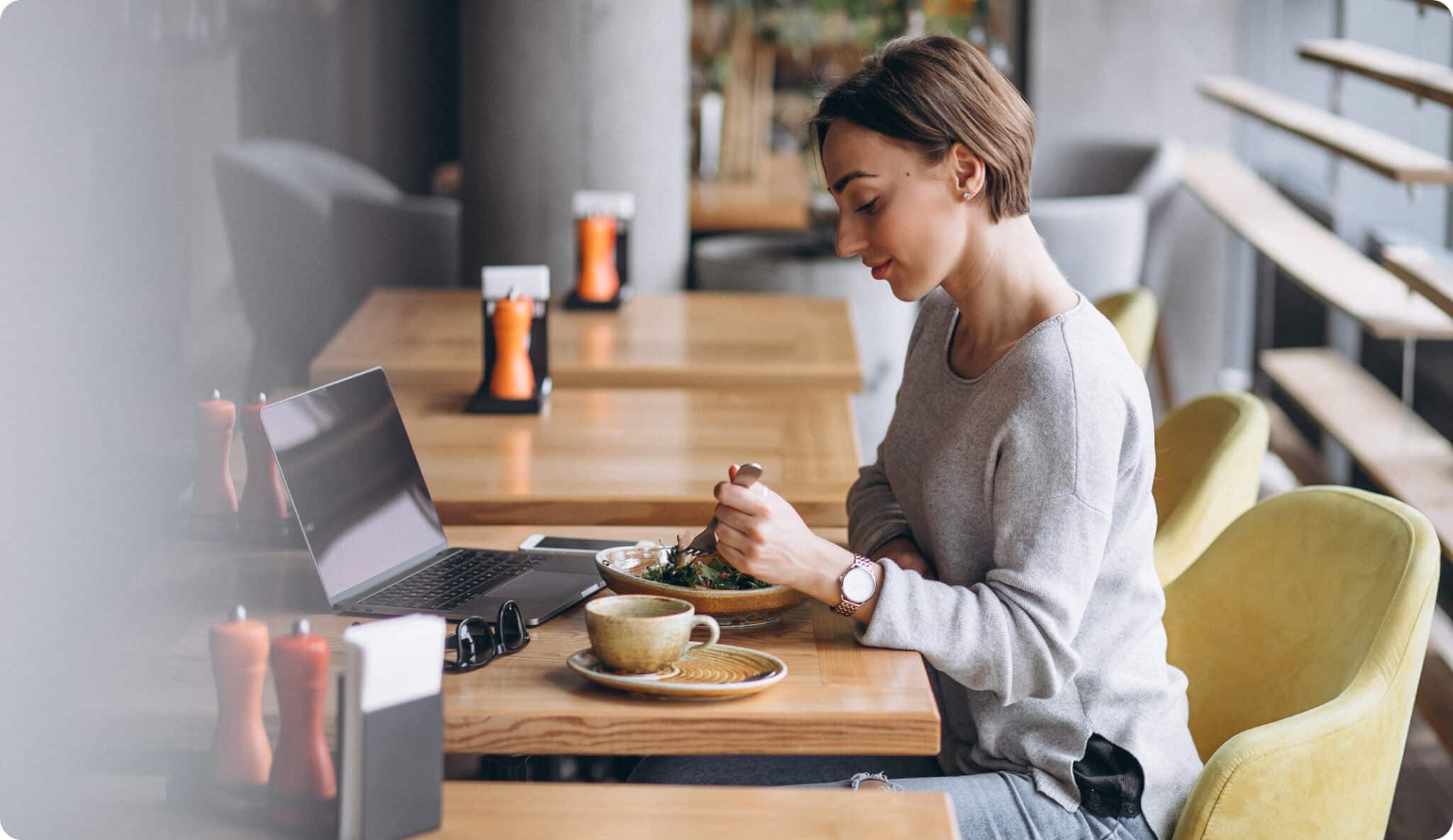 woman cafe having lunch talking phone 1